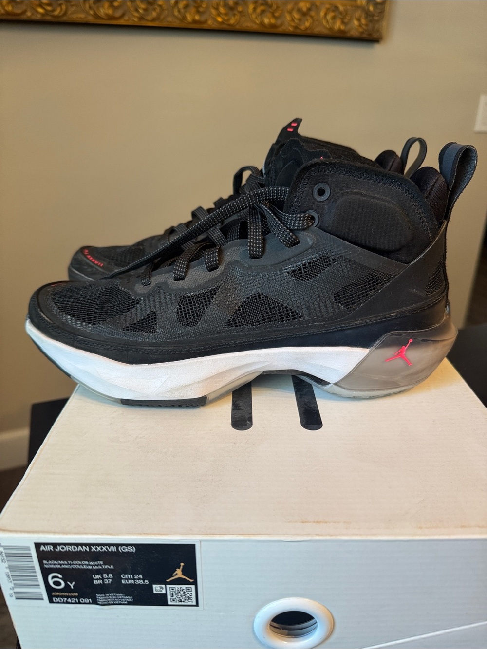 Jordan Youth Basketball Shoes - Black with White and Red Accents